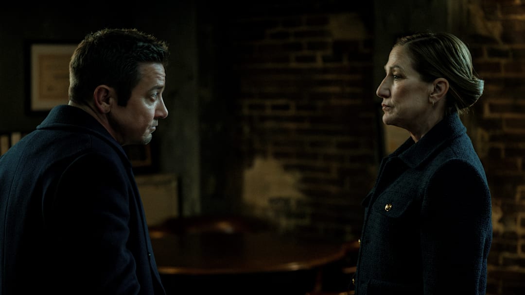 Jeremy Renner as Mike McLusky and Edie Falco as Nina Hobbs in Mayor of Kingstown episode 8, season 4, streaming on Paramount+, 2025. Credit: Jeremy Parsons/Paramount+