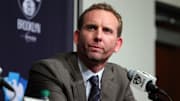 Feb 19, 2016; Brooklyn, NY, USA; Brooklyn Nets new general manager Sean Marks speaks to the media during a press conference before a game against the New York Knicks at Barclays Center. Mandatory Credit: Brad Penner-Imagn Images