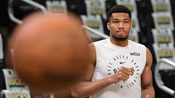 Apr 27, 2025; Milwaukee, Wisconsin, USA; Milwaukee Bucks forward Giannis Antetokounmpo (34) gets ready for  game four of first round for the 2024 NBA Playoffs against the Indiana Pacers at Fiserv Forum. Mandatory Credit: Benny Sieu-Imagn Images