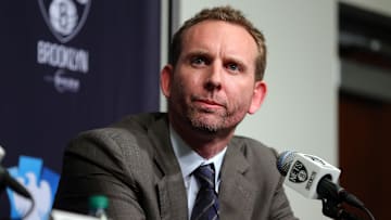 Feb 19, 2016; Brooklyn, NY, USA; Brooklyn Nets new general manager Sean Marks speaks to the media during a press conference before a game against the New York Knicks at Barclays Center. Mandatory Credit: Brad Penner-Imagn Images