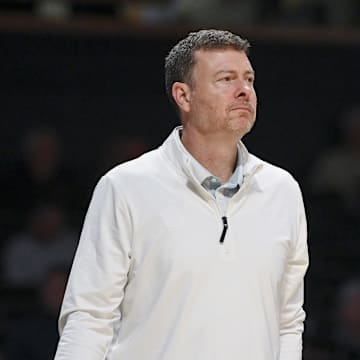 Nov 3, 2025; Nashville, Tennessee, USA;  Vanderbilt Commodores head coach Mark Byington watches against the Lipscomb Bisons during the second half at Memorial Gymnasium. Mandatory Credit: Steve Roberts-Imagn Images