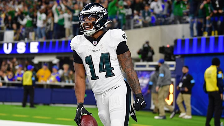 Nov 24, 2024; Inglewood, California, USA; Philadelphia Eagles running back Kenneth Gainwell (14) celebrates his touchdown scored against the Los Angeles Rams during the second half at SoFi Stadium. Mandatory Credit: Gary A. Vasquez-Imagn Images