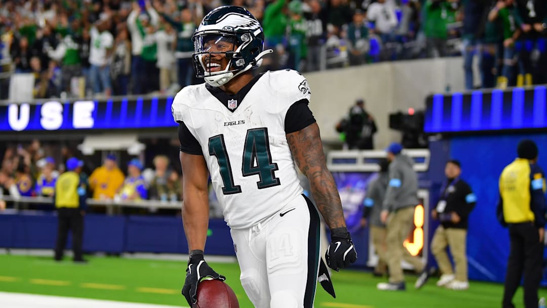 Philadelphia Eagles running back Kenneth Gainwell (14) celebrates his touchdown scored against the Los Angeles Rams during the second half at SoFi Stadium.