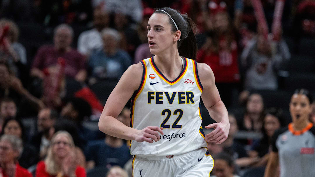 Apr 30, 2026; Indianapolis, IN, USA;  Indiana Fever guard Caitlin Clark (22) celebrates a made shot in the first half against the Dallas Wings at the Gainbridge Fieldhouse. Mandatory Credit: Trevor Ruszkowski-Imagn Images
