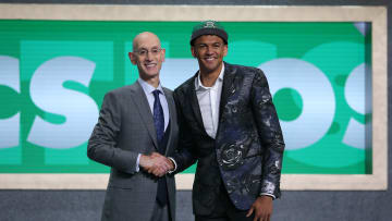 Jun 20, 2019; Brooklyn, NY, USA; Matisse Thybulle (Washington) greets NBA commissioner Adam Silver after being selected as the number twenty overall pick to the Boston Celtics in the first round of the 2019 NBA Draft at Barclays Center. Mandatory Credit: Brad Penner-USA TODAY Sports