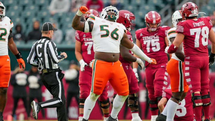 Sep 23, 2023; Philadelphia, Pennsylvania, USA;  Miami Hurricanes defensive lineman Leonard Taylor III (56) celebrates his sack in the second half against the Temple Owls at Lincoln Financial Field. Mandatory Credit: Andy Lewis-USA TODAY Sports