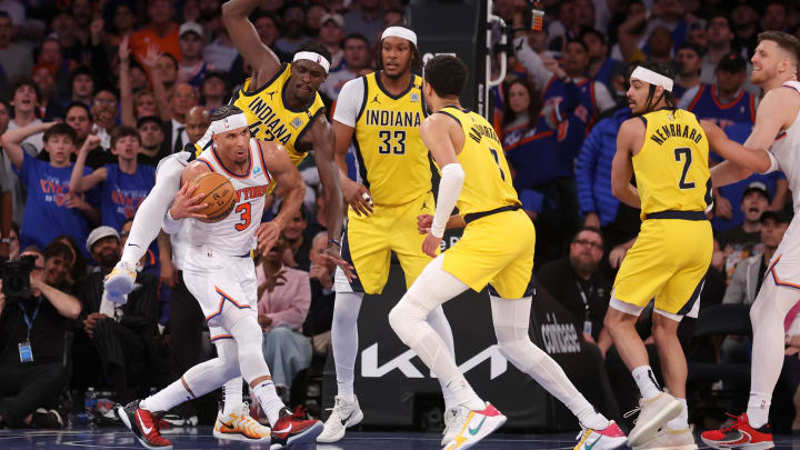 May 6, 2024; New York, New York, USA; New York Knicks guard Josh Hart (3) is fouled by Indiana Pacers forward Pascal Siakam (43) in front of Pacers center Myles Turner (33) and guards Tyrese Haliburton (0) and Andrew Nembhard (2) during the fourth quarter of game one of the second round of the 2024 NBA playoffs at Madison Square Garden. Mandatory Credit: Brad Penner-USA TODAY Sports