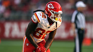 Aug 14, 2021; Santa Clara, California, USA; Kansas City Chiefs wide receiver Daurice Fountain (82) lines up during the third quarter against the San Francisco 49ers at Levi's Stadium.