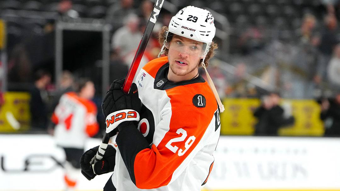 Philadelphia Flyers right wing Nikita Grebenkin (29) warms up before a game against the Vegas Golden Knights at T-Mobile Arena. Mandatory Credit: Stephen R. Sylvanie-Imagn Images