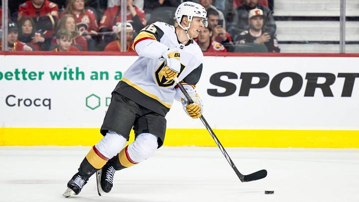Apr 5, 2025; Calgary, Alberta, CAN; Vegas Golden Knights left wing Pavel Dorofeyev (16) skates with the puck against the Calgary Flames during the overtime period at Scotiabank Saddledome. Apr 5, 2025; Calgary, Alberta, CAN; Vegas Golden Knights left wing Pavel Dorofeyev (16) skates with the puck against the Calgary Flames during the overtime period at Scotiabank Saddledome.
