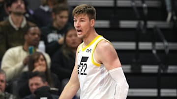 Nov 16, 2024; Sacramento, California, USA; Utah Jazz forward Kyle Filipowski (22) reacts after scoring against the Sacramento Kings during the second quarter at Golden 1 Center. Mandatory Credit: Darren Yamashita-Imagn Images