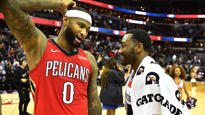 Dec 19, 2017; Washington, DC, USA; New Orleans Pelicans center DeMarcus Cousins (0) talks with Washington Wizards guard John Wall (2) after the game at Capital One Arena. Mandatory Credit: Brad Mills-USA TODAY Sports