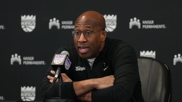 Mar 10, 2024; Sacramento, California, USA; Sacramento Kings head coach Mike Brown talks to media members before the game against the Houston Rockets at Golden 1 Center. Mandatory Credit: Darren Yamashita-USA TODAY Sports