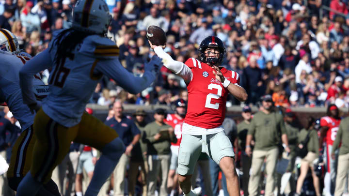 Nov 18, 2023; Oxford, Mississippi, USA; Mississippi Rebels quarterback Jaxson Dart (2) passes the ball during the second half against the Louisiana Monroe Warhawks at Vaught-Hemingway Stadium. Mandatory Credit: Petre Thomas-USA TODAY Sports