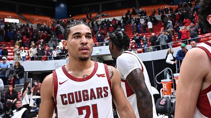 Jan 15, 2026; Pullman, Washington, USA; Washington State Cougars guard Ace Glass Lll (21) walks off the court after a game against the Gonzaga Bulldogs at Friel Court at Beasley Coliseum. Gonzaga Bulldogs won 86-65. Mandatory Credit: James Snook-Imagn Images
