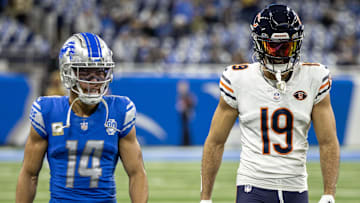 Nov 19, 2023; Detroit, Michigan, USA; Detroit Lions wide receiver Amon-Ra St. Brown (14) and his brother Chicago Bears wide receiver Equanimeous St. Brown (19) in warms up at Ford Field. Mandatory Credit: David Reginek-Imagn Images