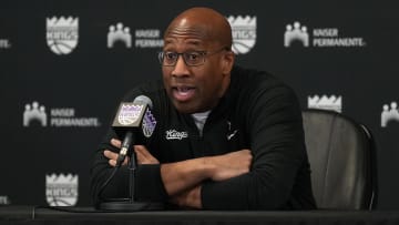 Mar 10, 2024; Sacramento, California, USA; Sacramento Kings head coach Mike Brown talks to media members before the game against the Houston Rockets at Golden 1 Center. Mandatory Credit: Darren Yamashita-USA TODAY Sports