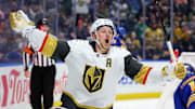 Mar 15, 2025; Buffalo, New York, USA;  Vegas Golden Knights center Jack Eichel (9) reacts after scoring a goal during the third period against the Buffalo Sabres at KeyBank Center. Mandatory Credit: Timothy T. Ludwig-Imagn Images