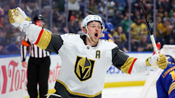 Mar 15, 2025; Buffalo, New York, USA;  Vegas Golden Knights center Jack Eichel (9) reacts after scoring a goal during the third period against the Buffalo Sabres at KeyBank Center. Mandatory Credit: Timothy T. Ludwig-Imagn Images