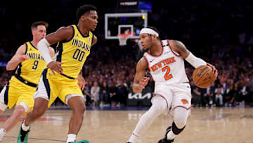 May 21, 2025; New York, New York, USA; New York Knicks guard Miles McBride (2) controls the ball against Indiana Pacers guard Bennedict Mathurin (00) in the third quarter during game one of the eastern conference finals for the 2025 NBA Playoffs at Madison Square Garden. Mandatory Credit: Brad Penner-Imagn Images