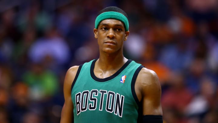 Feb 19, 2014; Phoenix, AZ, USA; Boston Celtics guard Rajon Rondo (9) against the Phoenix Suns at US Airways Center. The Suns defeated the Celtics 100-94. Mandatory Credit: Mark J. Rebilas-Imagn Images