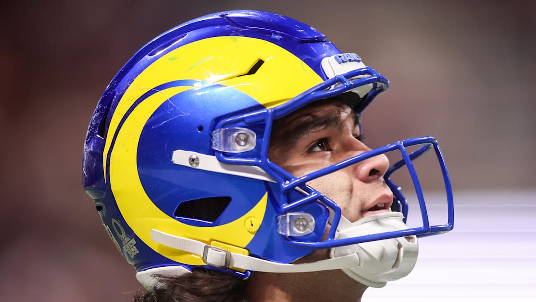 Dec 29, 2025; Atlanta, Georgia, USA; Los Angeles Rams wide receiver Puka Nacua (12) reacts after a play against the Atlanta Falcons in the fourth quarter at Mercedes-Benz Stadium. Mandatory Credit: Brett Davis-Imagn Images
