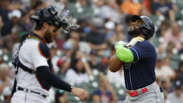 Aug 6, 2023; Detroit, Michigan, USA; Tampa Bay Rays first baseman Yandy Diaz (2) celebrates after he hits a two run home run in the second inning against the Detroit Tigers at Comerica Park. Mandatory Credit: Rick Osentoski-Imagn Images