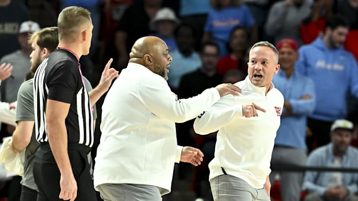 Feb 1, 2025; Houston, Texas, USA; Texas Tech Red Raiders head coach Grant McCasland reacts after being ejected from the game during the first half against the Houston Cougars at Fertitta Center. Mandatory Credit: Maria Lysaker-Imagn Images 