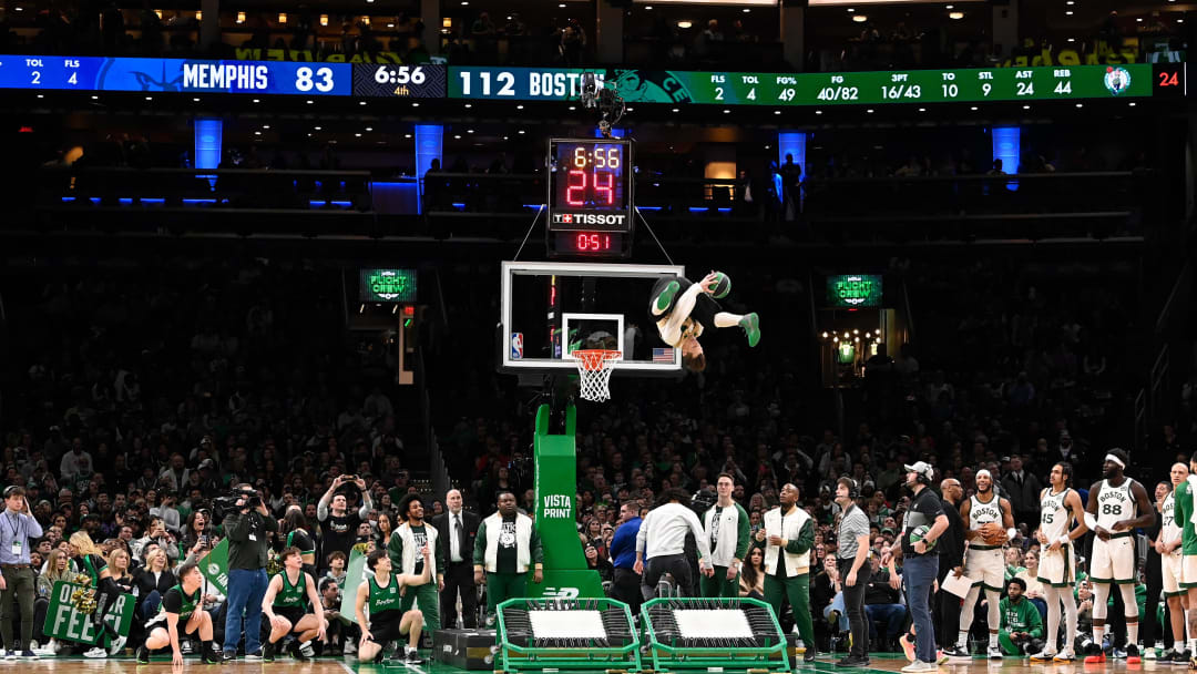 Feb 4, 2024; Boston, Massachusetts, USA; Lucky the Boston Celtics mascot performs for fans during