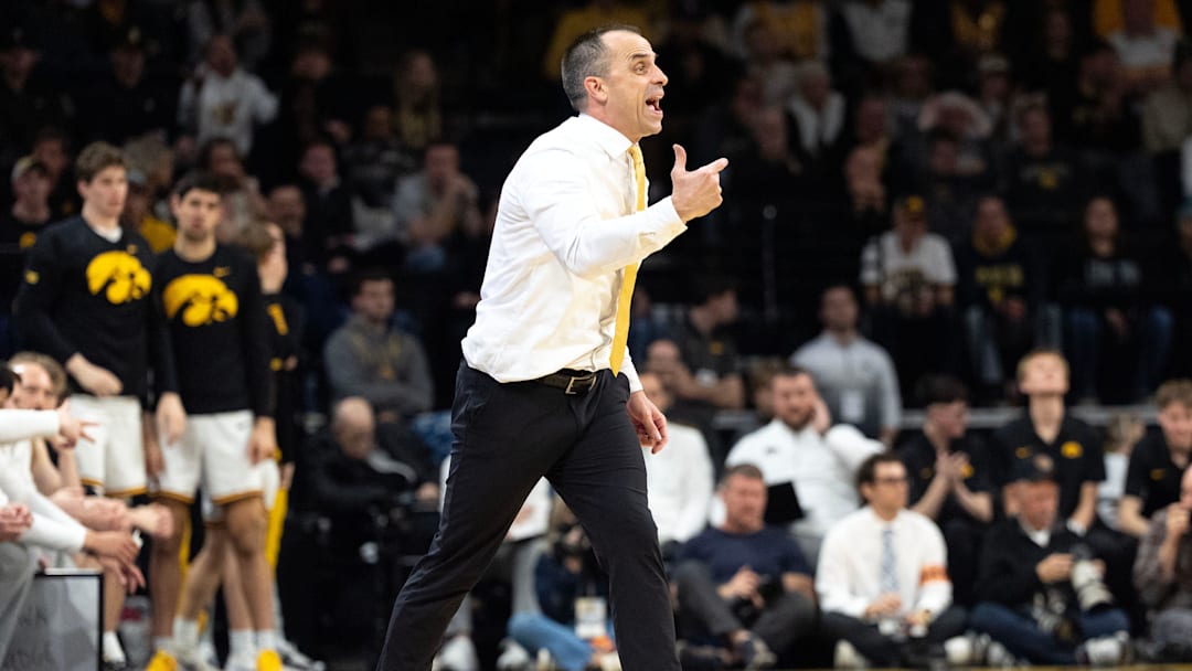 Iowa head coach Ben McCollum instructs his team March 5, 2026 during a Big Ten basketball game against the Michigan Wolverines at Carver-Hawkeye Arena in Iowa City, Iowa.