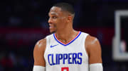 Oct 29, 2023; Los Angeles, California, USA; Los Angeles Clippers guard Russell Westbrook (0) reacts during the second half at Crypto.com Arena. 