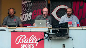Cincinnati Reds broadcast booth Joey Votto, John Sadak, Barry Larkin