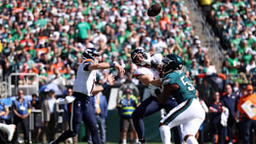 Oct 5, 2025; Philadelphia, Pennsylvania, USA; Denver Broncos quarterback Bo Nix (10) throws a pass in the first half against the Philadelphia Eagles at Lincoln Financial Field. Mandatory Credit: Bill Streicher-Imagn Images