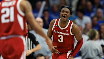 Feb 1, 2025; Lexington, Kentucky, USA; Arkansas Razorbacks forward Adou Thiero (3) celebrates after making a basket during the second half against the Kentucky Wildcats at Rupp Arena at Central Bank Center. Mandatory Credit: Jordan Prather-Imagn Images