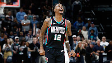 Oct 22, 2025; Memphis, Tennessee, USA; Memphis Grizzlies guard Ja Morant (12) reacts after defeating the New Orleans Pelicans at FedExForum. Mandatory Credit: Petre Thomas-Imagn Images