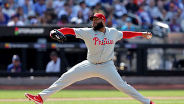 Apr 23, 2025; New York City, New York, USA; Philadelphia Phillies relief pitcher Jose Alvarado (46) pitches against the New York Mets during the eighth inning at Citi Field. 