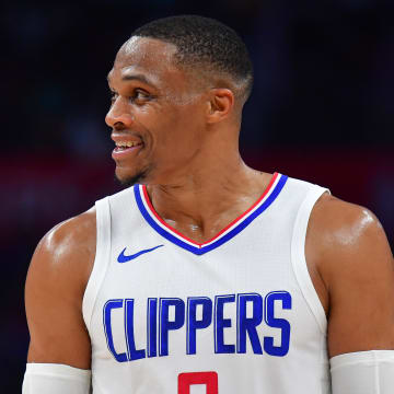 Oct 29, 2023; Los Angeles, California, USA; Los Angeles Clippers guard Russell Westbrook (0) reacts during the second half at Crypto.com Arena. Mandatory Credit: Gary A. Vasquez-USA TODAY Sports