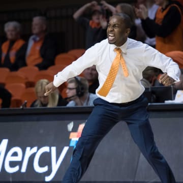 Feb 6, 2018; Stillwater, OK, USA; Oklahoma State Cowboys head coach Mike Boynton reacts during the second half against the Baylor Bears at Gallagher-Iba Arena. Mandatory Credit: Rob Ferguson-USA TODAY Sports