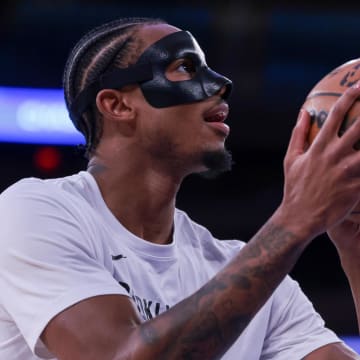 Apr 12, 2024; New York, New York, USA; Brooklyn Nets center Nic Claxton (33) warms up before the game against the New York Knicks at Madison Square Garden. Mandatory Credit: Vincent Carchietta-USA TODAY Sports