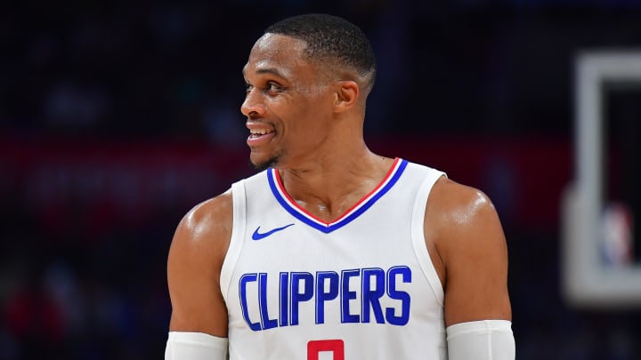 Oct 29, 2023; Los Angeles, California, USA; Los Angeles Clippers guard Russell Westbrook (0) reacts during the second half at Crypto.com Arena. 