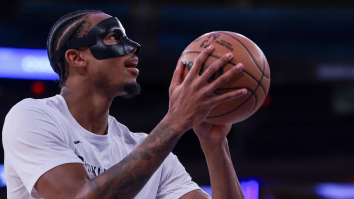 Apr 12, 2024; New York, New York, USA; Brooklyn Nets center Nic Claxton (33) warms up before the game against the New York Knicks at Madison Square Garden. Mandatory Credit: Vincent Carchietta-USA TODAY Sports