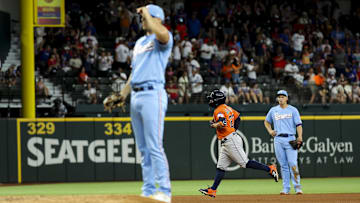 Jul 2, 2023; Arlington, Texas, USA; Houston Astros second baseman Jose Altuve (27) runs the bases