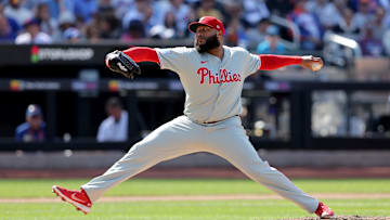 Apr 23, 2025; New York City, New York, USA; Philadelphia Phillies relief pitcher Jose Alvarado (46) pitches against the New York Mets during the eighth inning at Citi Field. Mandatory Credit: Brad Penner-Imagn Images