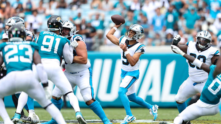 Sep 7, 2025; Jacksonville, Florida, USA; Carolina Panthers quarterback Bryce Young (9) throws downfield against the Jacksonville Jaguars during the first half at EverBank Stadium. Mandatory Credit: Morgan Tencza-Imagn Images