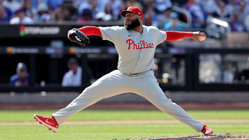 Apr 23, 2025; New York City, New York, USA; Philadelphia Phillies relief pitcher Jose Alvarado (46) pitches against the New York Mets during the eighth inning at Citi Field. Mandatory Credit: Brad Penner-Imagn Images