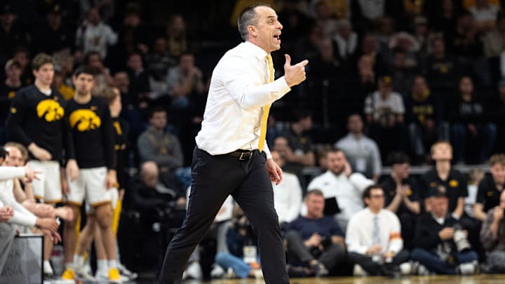 Iowa head coach Ben McCollum instructs his team March 5, 2026 during a Big Ten basketball game against the Michigan Wolverines at Carver-Hawkeye Arena in Iowa City, Iowa.