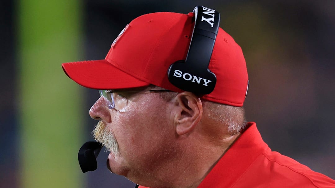 Kansas City Chiefs head coach Andy Reid looks on during the first quarter of an NFL football matchup at EverBank Stadium, Monday, Oct. 6, 2025, in Jacksonville, Fla. The Jacksonville Jaguars edged the Kansas City Chiefs 31-28. [Corey Perrine/Florida Times-Union]
