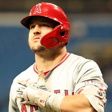 Apr 16, 2024; St. Petersburg, Florida, USA; Los Angeles Angels outfielder Mike Trout (27) looks on against the Tampa Bay Rays at the end of the fifth inning at Tropicana Field. Mandatory Credit: Kim Klement Neitzel-Imagn Images