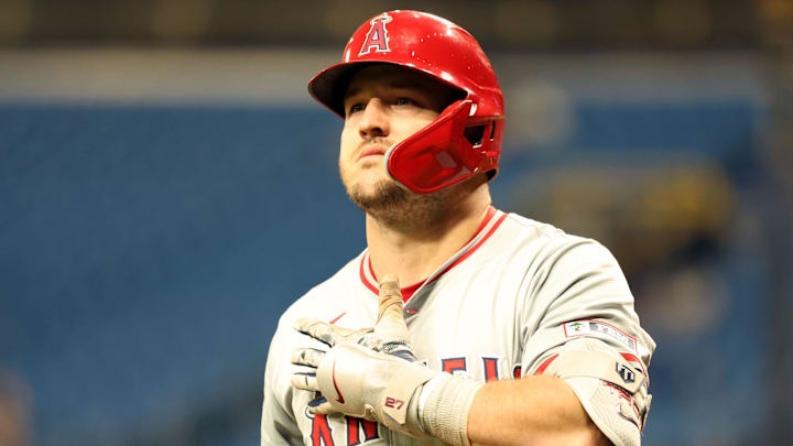 Apr 16, 2024; St. Petersburg, Florida, USA; Los Angeles Angels outfielder Mike Trout (27) looks on against the Tampa Bay Rays at the end of the fifth inning at Tropicana Field. Mandatory Credit: Kim Klement Neitzel-Imagn Images