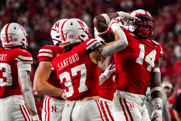 Nebraska Cornhuskers linebacker Chief Borders (14) celebrates after a stop against the Northern Illinois Huskies